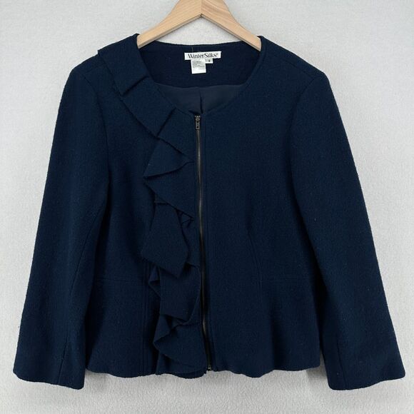 WINTERSILKS Blazer Womens S Wool Silk Ruffle Full Zip Jacket Office Work Blue - Picture 2 of 13